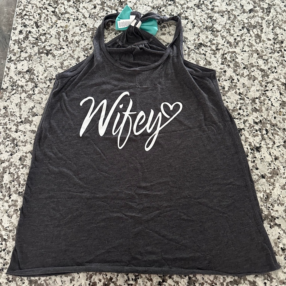 Wifey tank with bow back. Purchased from Etsy.
